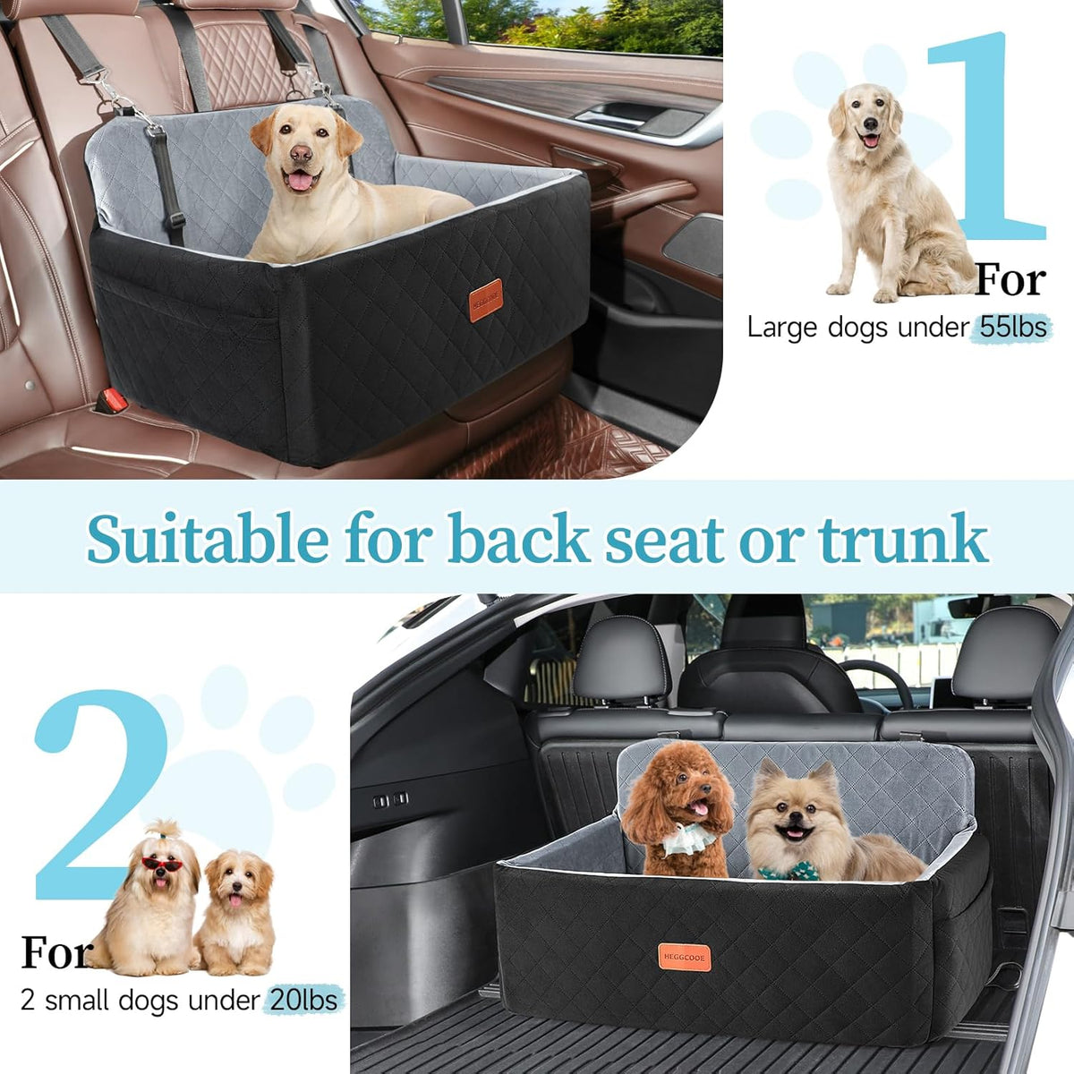 Dog Car Seat for Medium/Large Dogs, Pet Booster Seat for Under 55 lbs or 2 Small Dogs, Detachable &