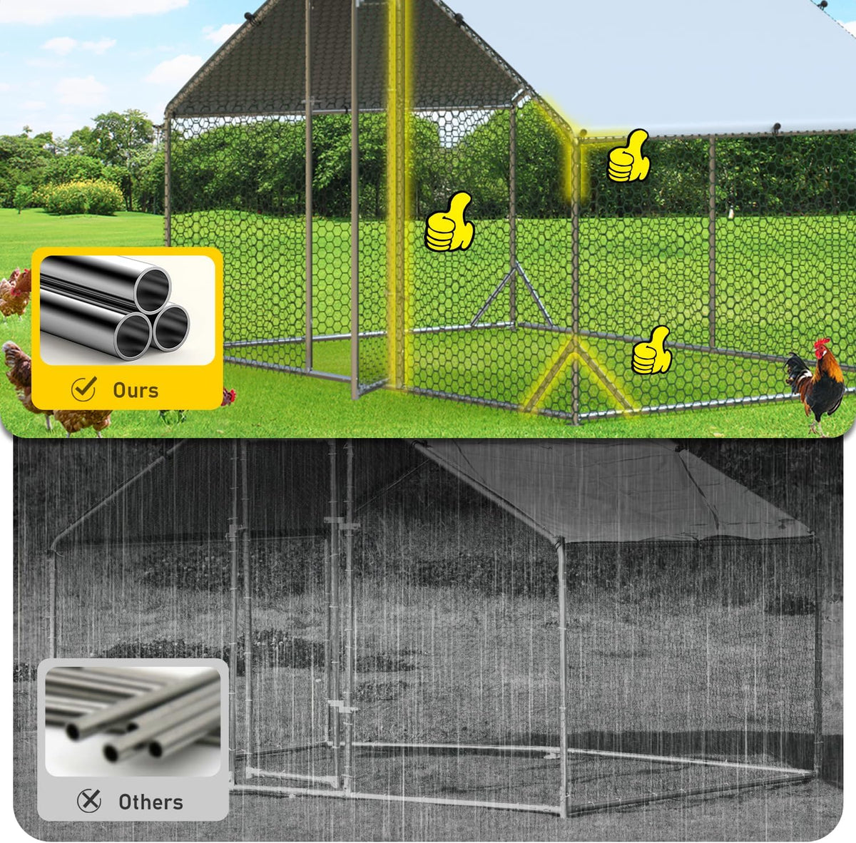 Large Metal Chicken Coop with Run Walk-in Poultry Cage Chicken Runs House Pen Cage Spire Roofed