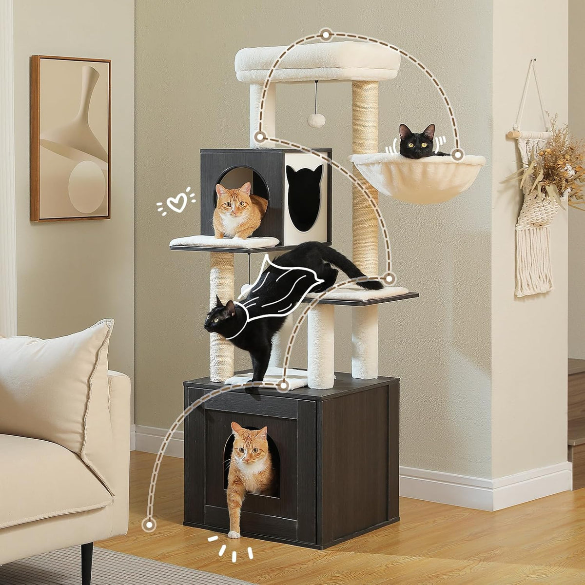 Tall Cat Tree with Litter Box Enclosure 57.5" Wooden Cat Tower for Large Cats with Cat Hammock