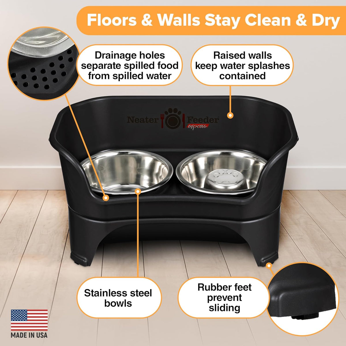 Neater Feeder - Express Model w/ Slow Feed Bowl - Mess-Proof Dog Bowls (M/L, Black) Made in USA