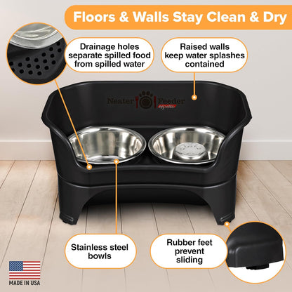 Neater Feeder - Express Model w/ Slow Feed Bowl - Mess-Proof Dog Bowls (M/L, Black) Made in USA
