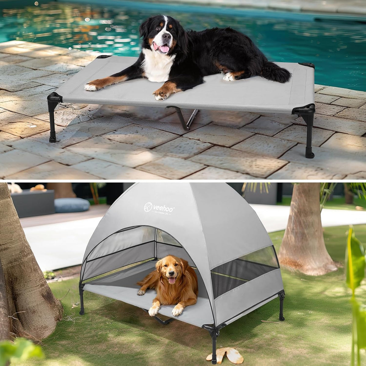 Veehoo Outdoor Dog Bed with Canopy, Cooling Elevated Pet Cot with Removable Shade, Non-Slip Feet