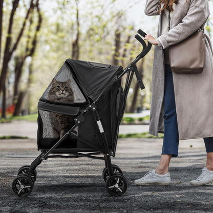 MoNiBloom 4 Wheels Pet Stroller, Easy-Fold Puppy Cage Jogger Stroller with Sun Cover, Pad and Rear