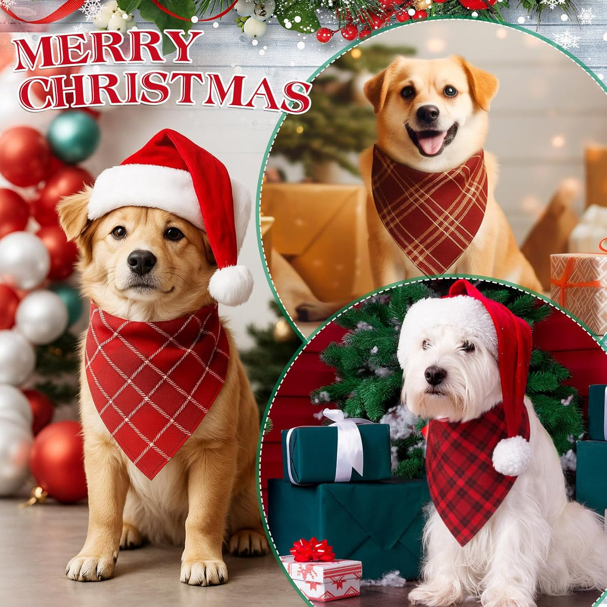 Weewooday 50 Pcs Christmas Dog Bandanas Bulk Xmas Red Buffalo Plaid Bandanas for Dogs Soft Bibs