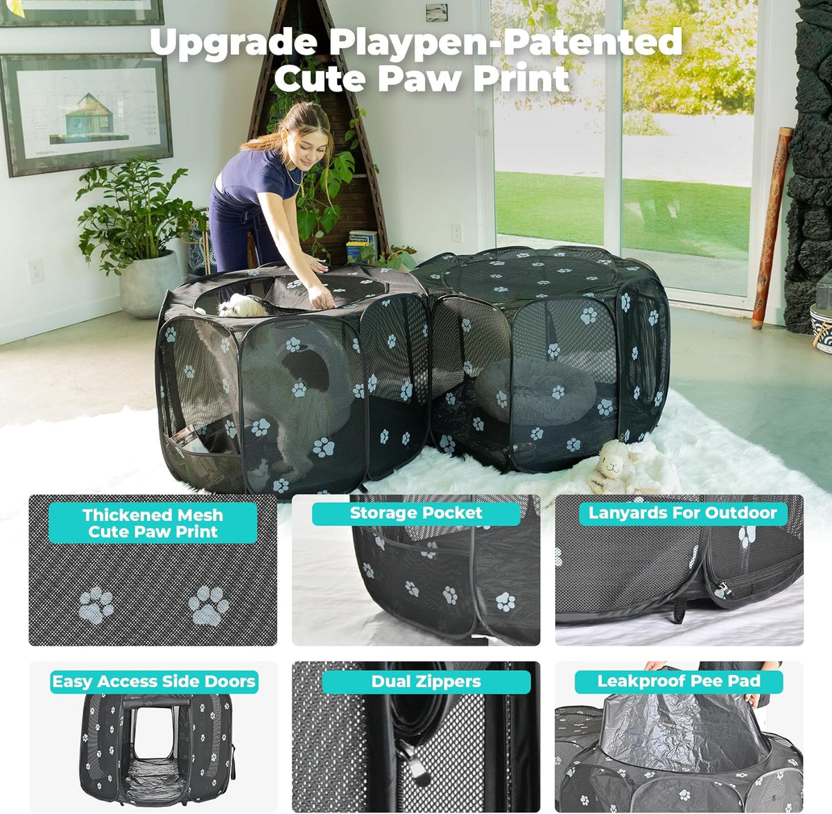 2-in-1 Cat Playpen, Pop Up Dog Pet Playpen for Indoor Outdoor Cats Enclosed, Portable Pet Playpen