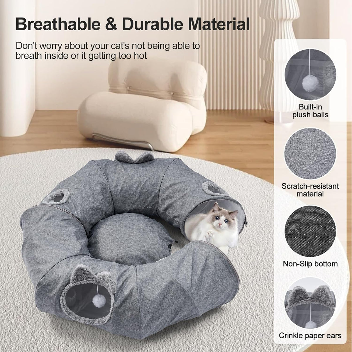 Odoland Summer Linen Cat Tunnels for Indoor Cats with Cooling Central Cat Bed, Interactive Cat Toys