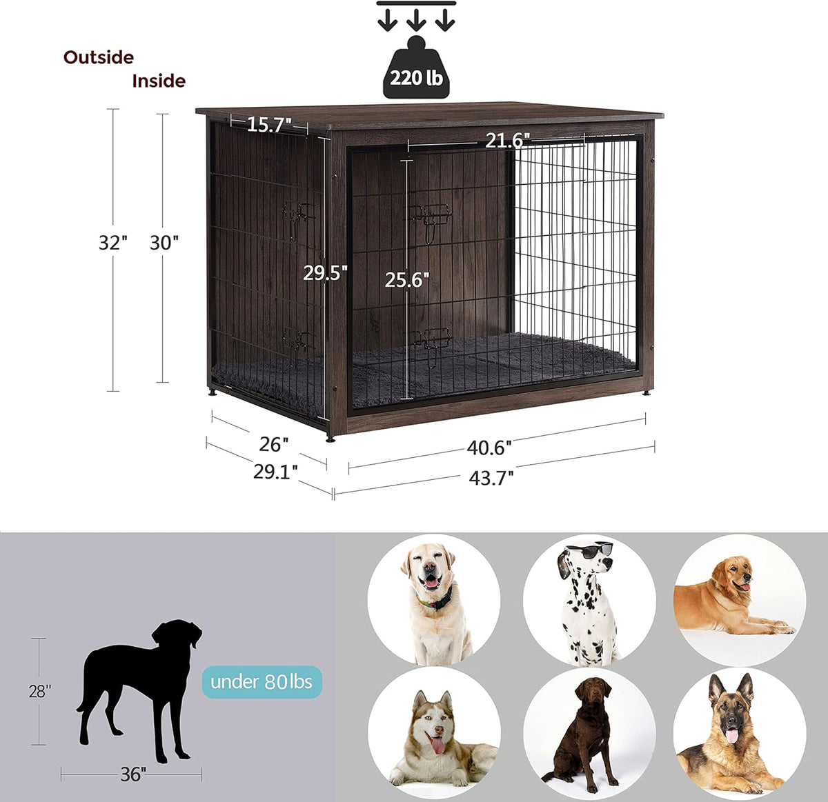 DWANTON Dog Crate Furniture with Cushion, Wooden Kennel Table with Double Doors, Indoor Dog House