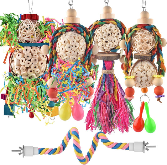 Bissap Conure Toys, 5 PCS Bird Foraging Shredder Hanging Swing Rope Perch Toys Sola Balls with Sand