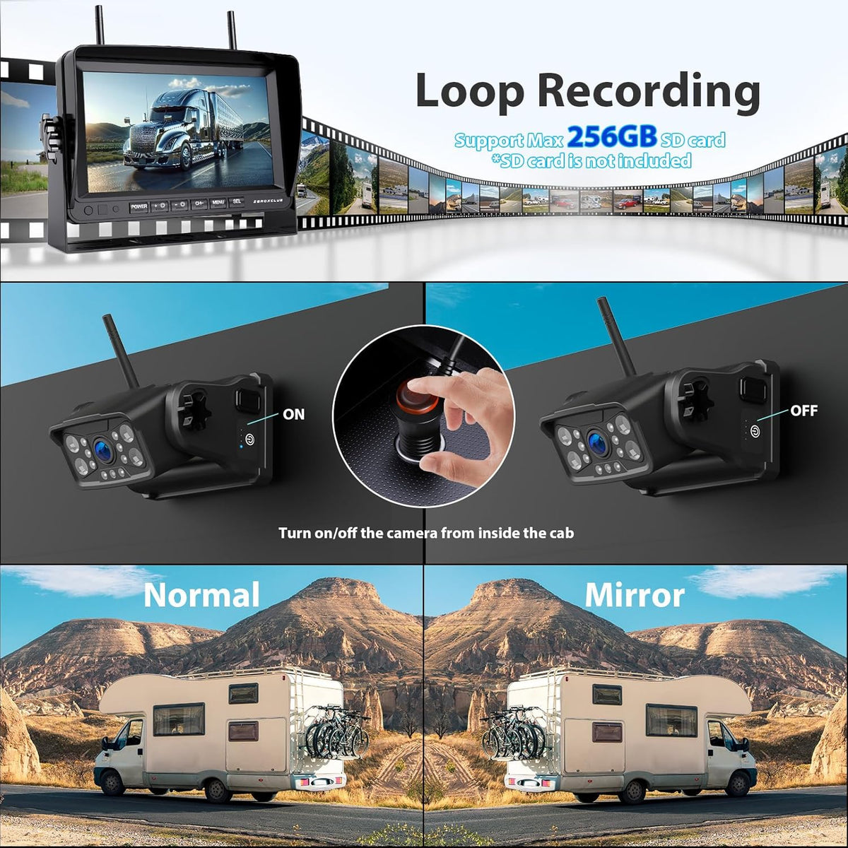 Magnetic Wireless RV Backup Camera System: 7" HD 1080P DVR Monitor with Rear Camera, DVR Monitor &