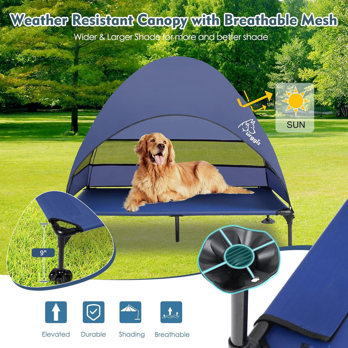 Upgraded Elevated Dog Bed with Canopy, Portable Raised Outdoor Dog Bed with Stable Anti-Slip Feet
