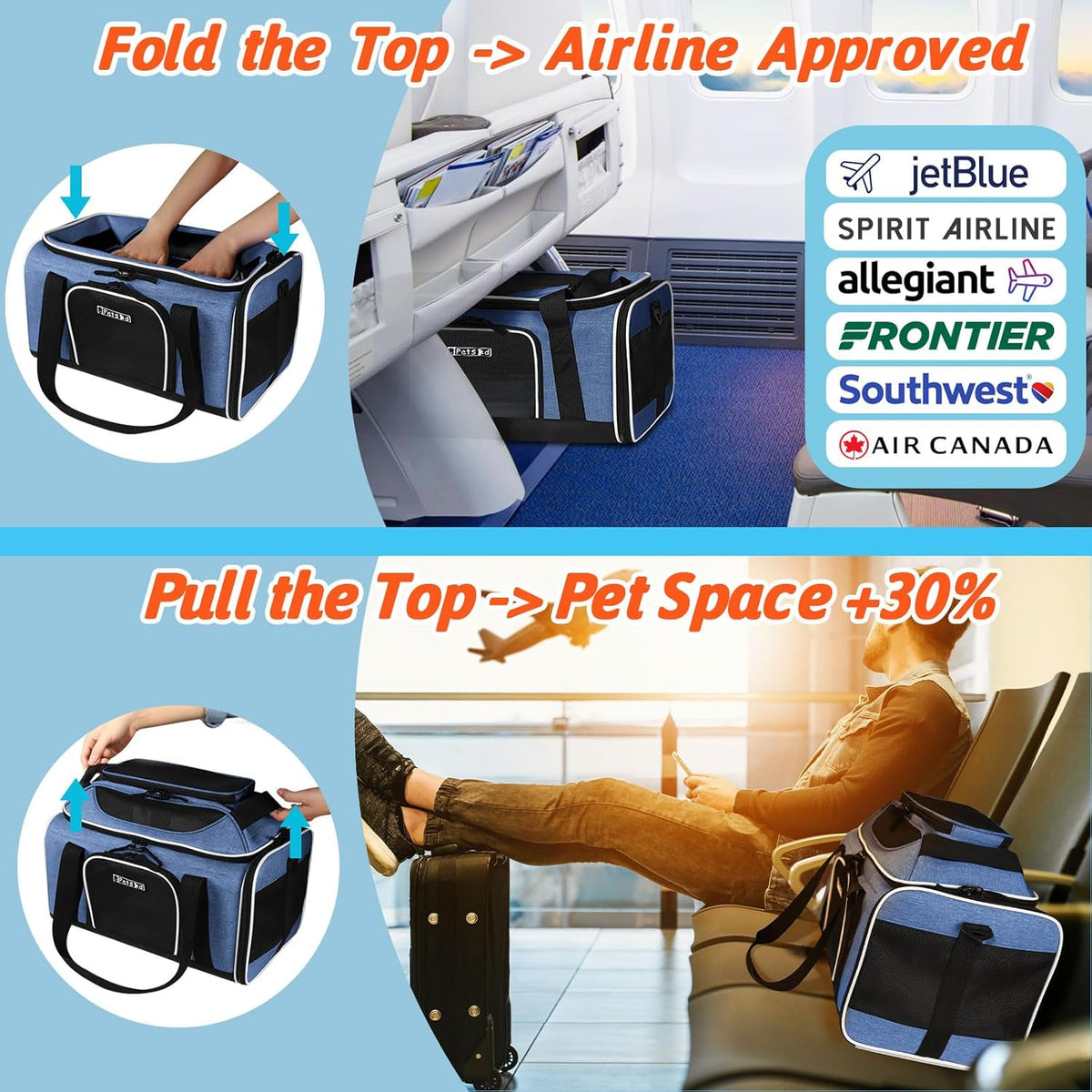 Petskd Top-Expandable Pet Carrier 17x12x8.5 Inches JetBlue Allegiant Spirit Airline Approved