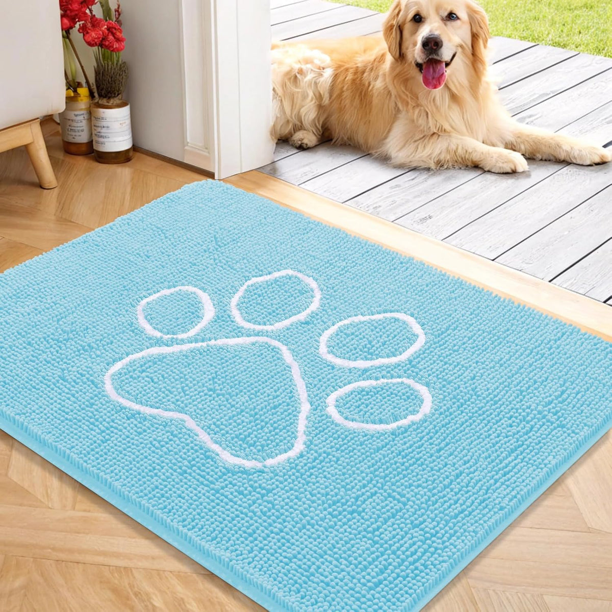 OLANLY Door Mat for Muddy Dog Paws 40x32, Ultra Absorbent Chenille Mud Doormat with Paw Print