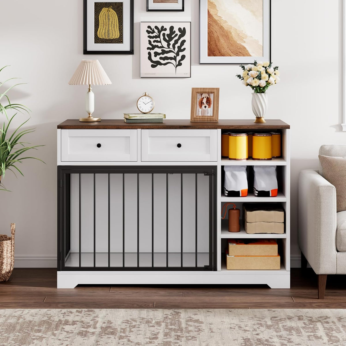 Dog Crate Furniture 47", Large Dog Crate TV Stand with 2 Drawers and 4 Shelves, Wooden Dog Kennel