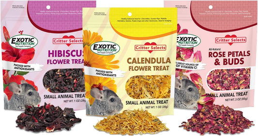 Exotic Nutrition Flower Treat 3 Pack - Healthy Assortment - Hibiscus, Calendula, Rose - for