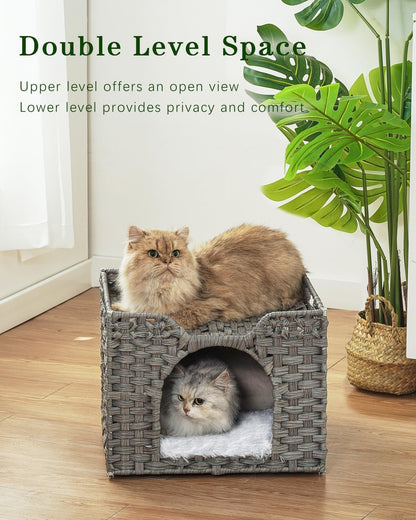 Cat Beds Indoor Kitten House, Handwoven Rattan Cat Cave Pet Cube, Large Cat Houses, One Bed Mat