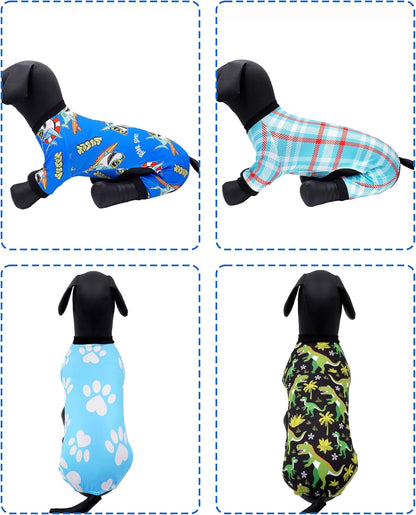 PET SHOW 4 Pack Small Dog Pajamas for Boy Doggies Dinosaur Shark Soft Stretchy PJs Plaid Jumpsuit