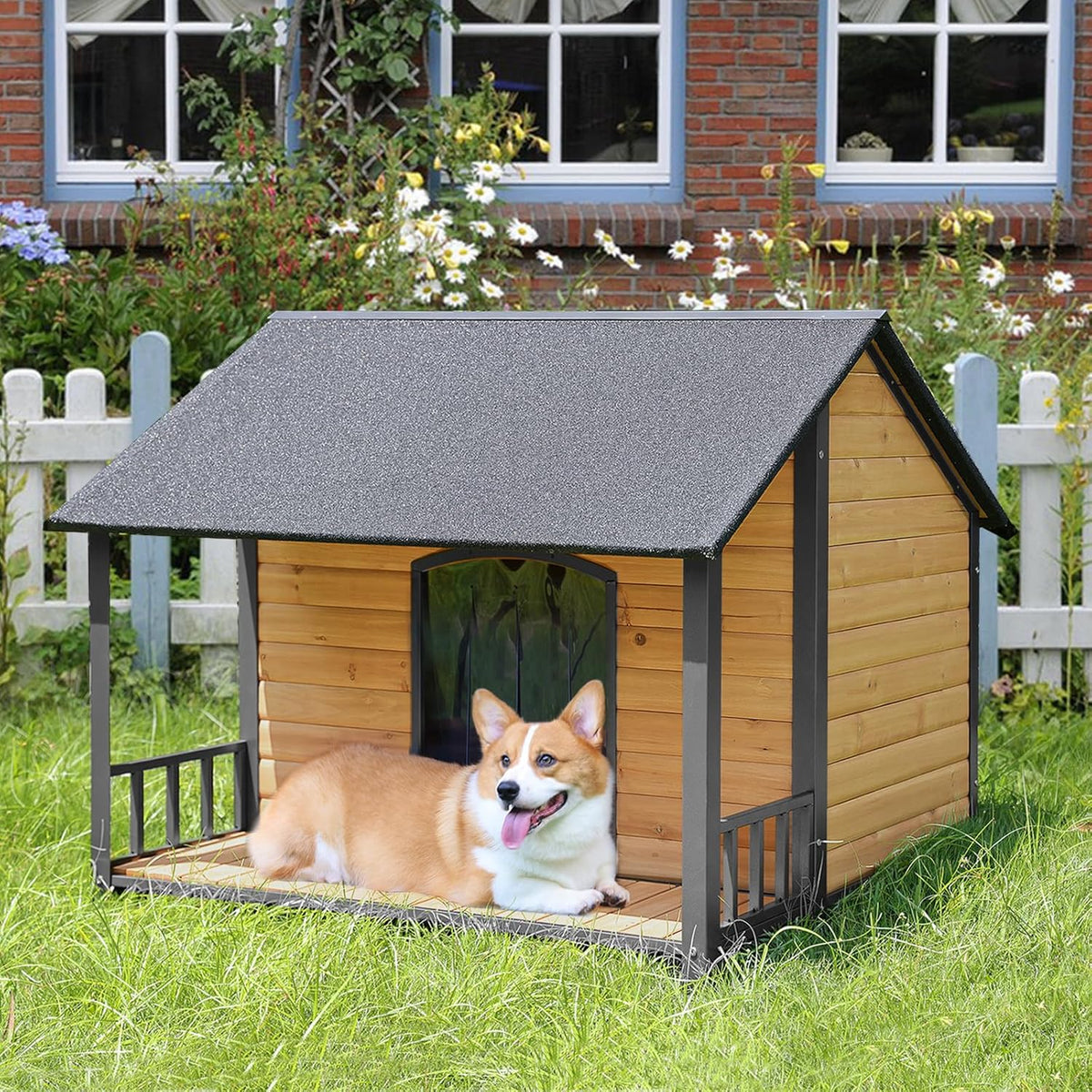 Gutinneen Large Dog House Outdoor Dog Kennel with All-Around Iron Frame Dog Cage Perfect for Small
