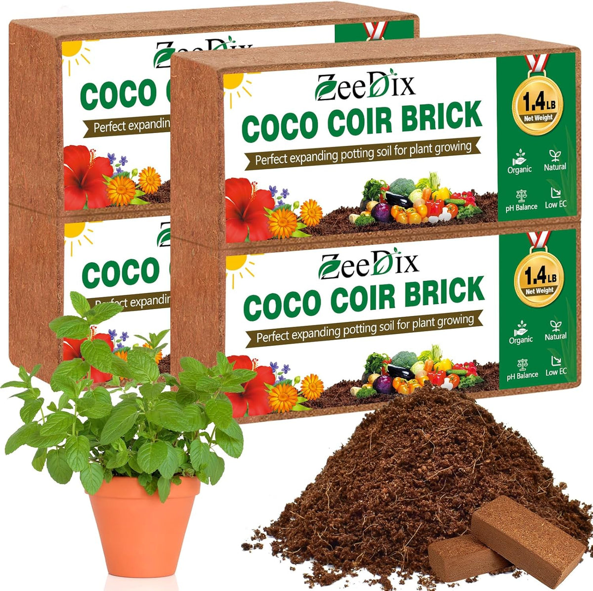 ZeeDix 4 Pcs Premium Coco Coir Brick - 100% Organic Compressed Coconut Coir Starting Mix, Coco