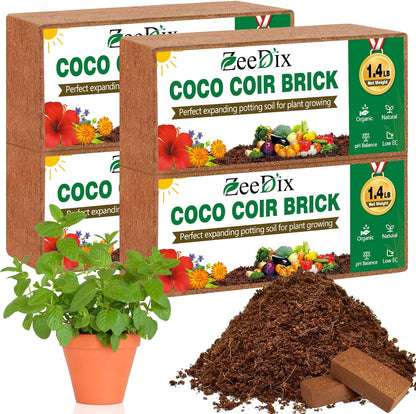 ZeeDix 4 Pcs Premium Coco Coir Brick - 100% Organic Compressed Coconut Coir Starting Mix, Coco