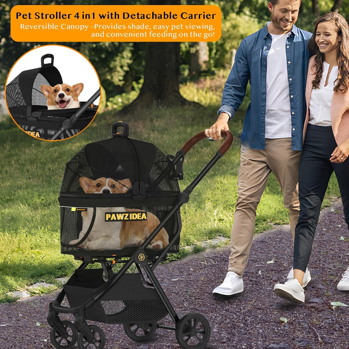 PAWZIDEA Dog Stroller 4 in 1, Pet Stroller for Cats with Detachable Carrier for Small/Medium