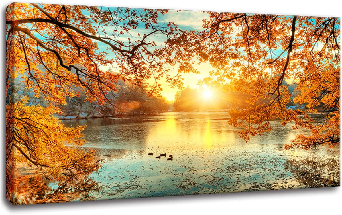 Yxbhhym-Landscape Tree Canvas Wall Art Fall Forest Sunset Wall Decor Poster Lake Water Pictures for