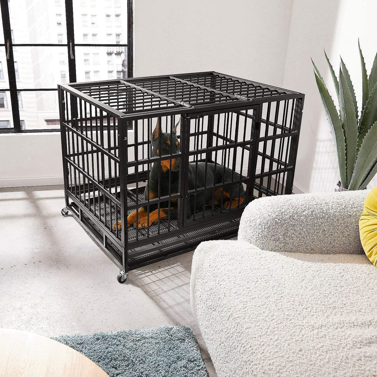 Oranland 48/38 Inch Heavy Duty Indestructible Dog Crate Cage Kennel with Wheels, High Anxiety Dog