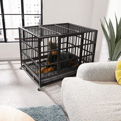 Oranland 48/38 Inch Heavy Duty Indestructible Dog Crate Cage Kennel with Wheels, High Anxiety Dog