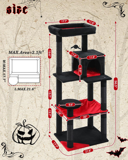 Gothic Cat Tree with Super Large Hammock, 56.3" Black Cat Tower with Coffin Bed, Cat Condo, Sisal