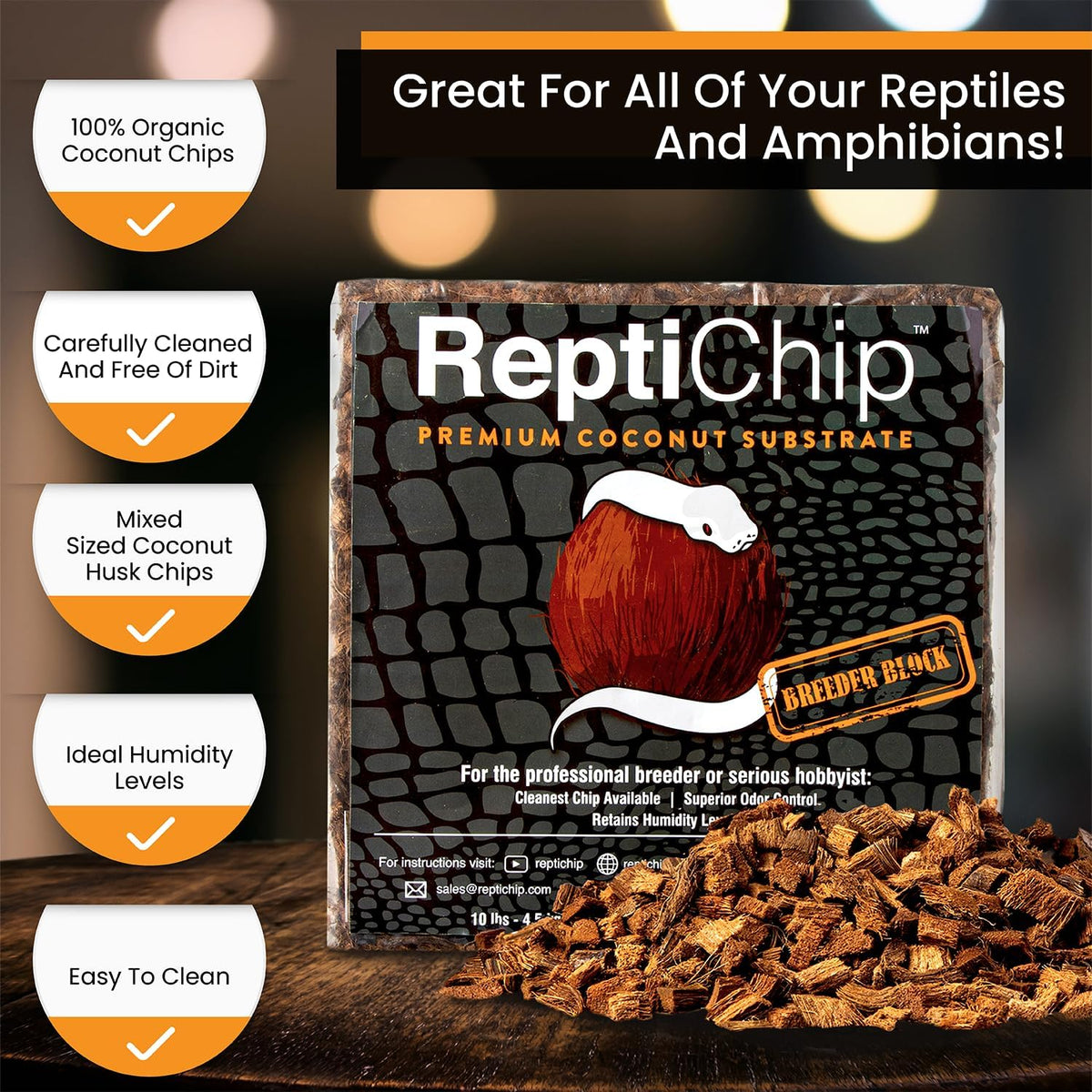 ReptiChip Reptile Substrate Coconut Chip Bedding 72 Quart Compressed Organic Coco Husk Block for