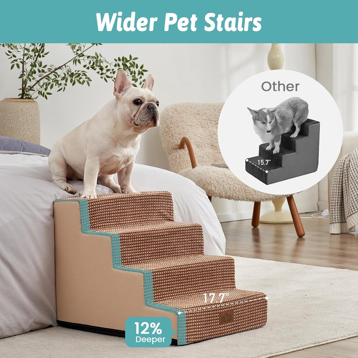 Dog Stairs for Small Dogs, 4 Tier Wider Pet Stairs for Couch and Beds, 17.7" H Non-Slip Dog Steps