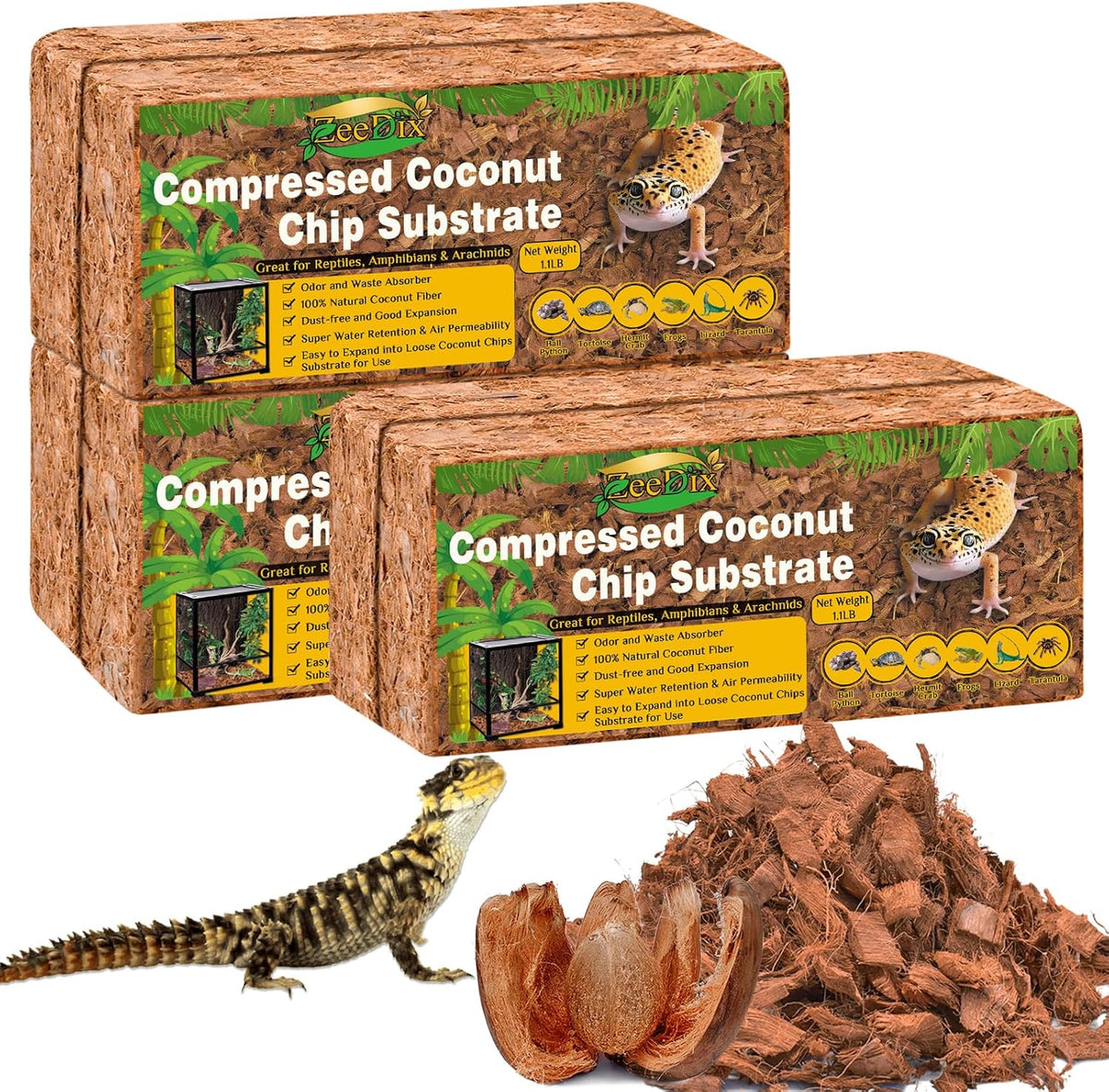 ZeeDix 6PCS Natural Coconut Chips Substrate for Reptiles, Coconut Fiber Husk Reptiles Bedding
