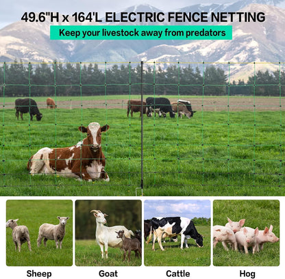 Electric Fence Netting, 49.6" H x 164' L, PE Net Fencing Kit with 14 Posts Double Spiked, Utility