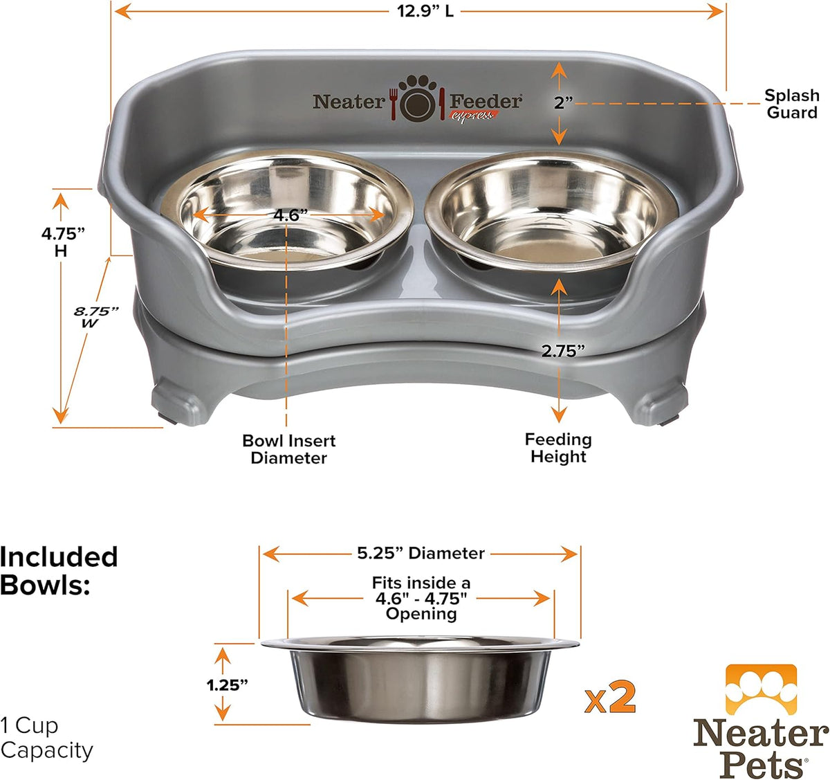Neater Feeder Express Mess Proof Cat Bowls Elevated, No Spill Feeding Station, Stainless Steel