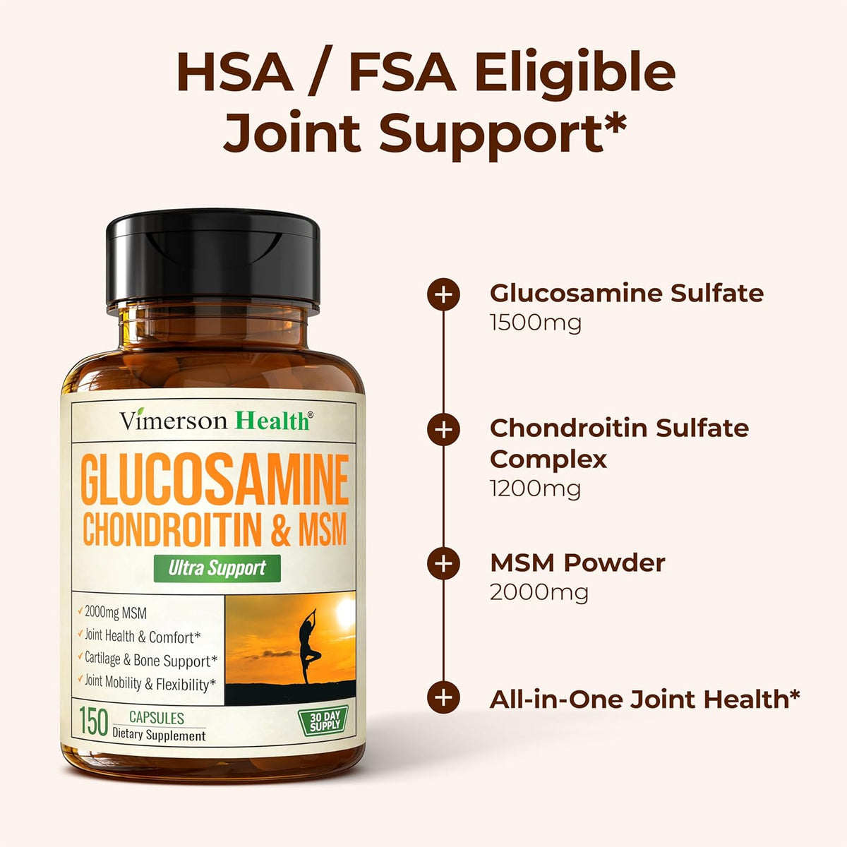Glucosamine Chondroitin MSM Supplement – 3-in-1 Joint Supplements for Men and Women w/Glucosamine