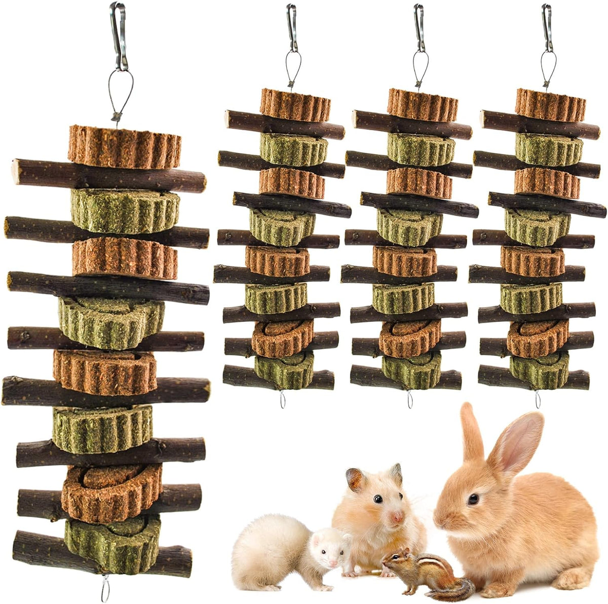 Rabbit Chew Toy,Bunny Chew Toys for Teeth Grinding,Natural Apple Branch Teething Sticks with Hay