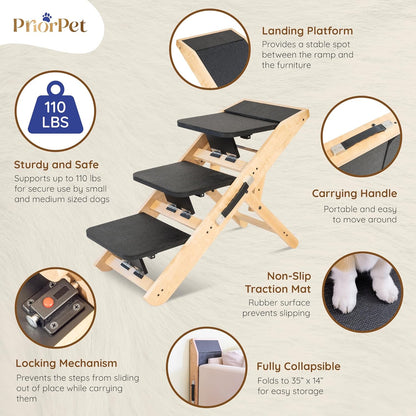 Dog Steps for Bed & Couch 2-in-1 Dog Stairs/Ramp - Height Adjustable Dog Ramp for Couch 7” - 20”