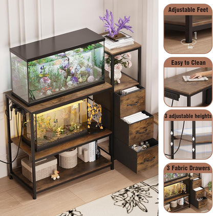 20 Gallon Aquarium Stand with Power Outlets Fish Tank Stand with 3 Drawers Metal Frame Heavy Duty