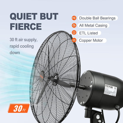 VEVOR 30 Inch Wall-Mount Misting Fan, 3-speed IP44 Waterproof Oscillating, Max. 9500 CFM Wall