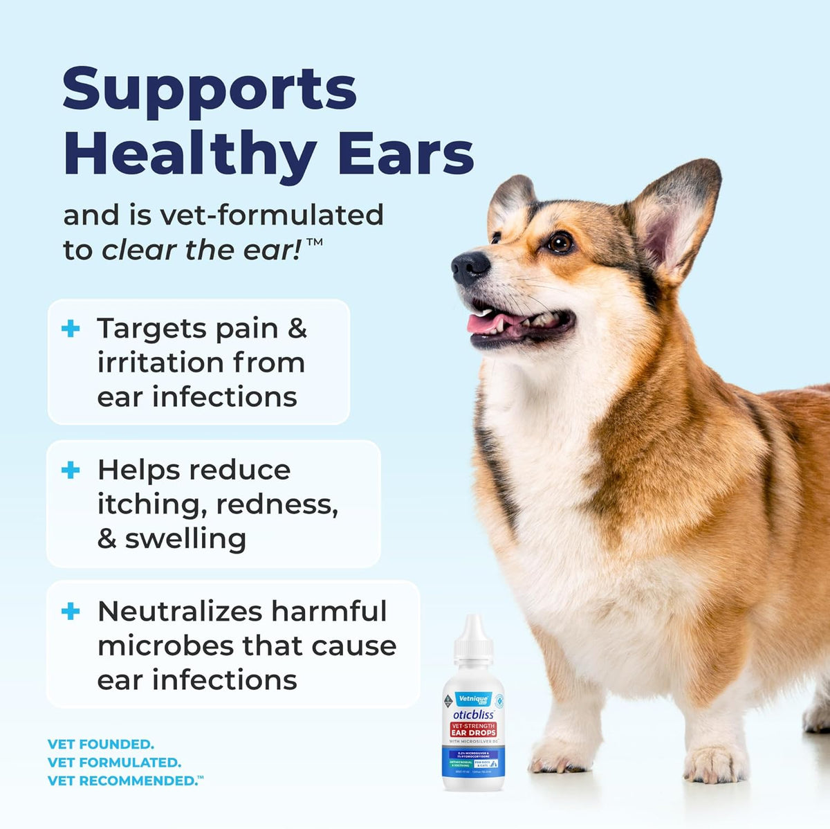 Vetnique Oticbliss Cat & Dog Ear Infection Treatment Drops - with 1% Hydrocortisone & MicroSilver