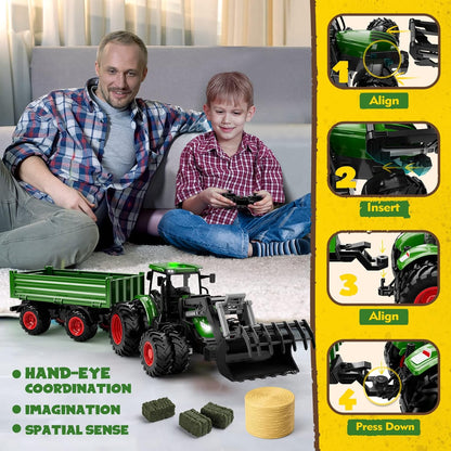 Remote Control Tractor Toy, Kids RC Tractor Set & Truck and Trailer Front Loader - Metal Car Head/8
