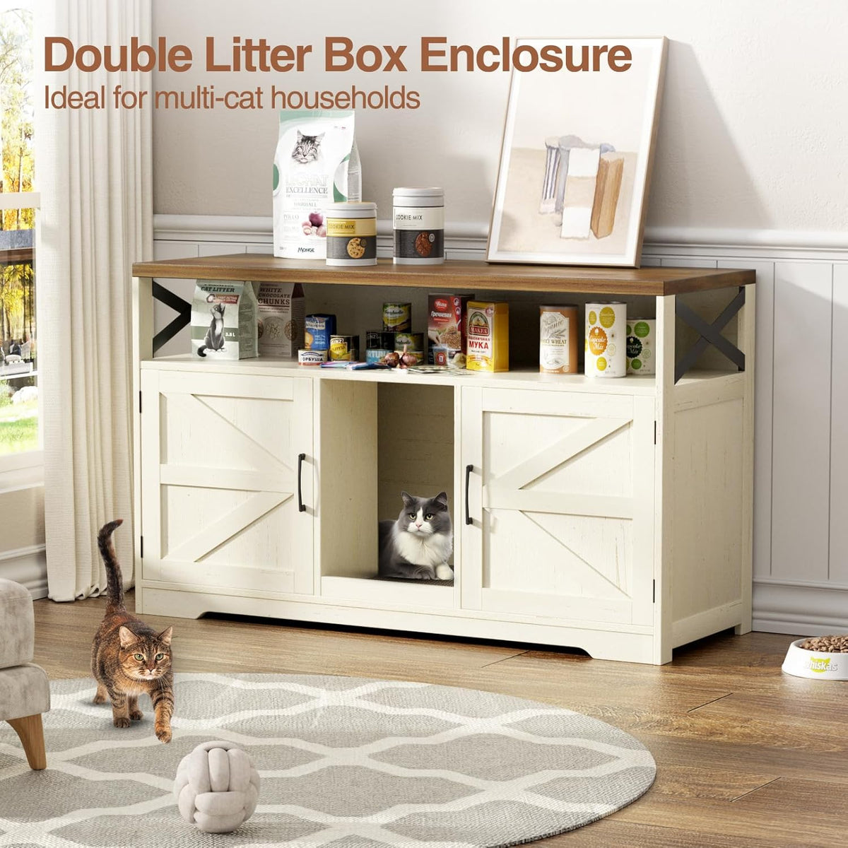 Cat Litter Box Enclosure for 2 Cats, 47" Double Hidden Litter Box Furniture with Scratch Pad