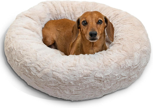 Best Friends by Sheri Original Calming Donut Dog and Cat Bed, Lux Faux Fur, Oyster, (23in x 23in)