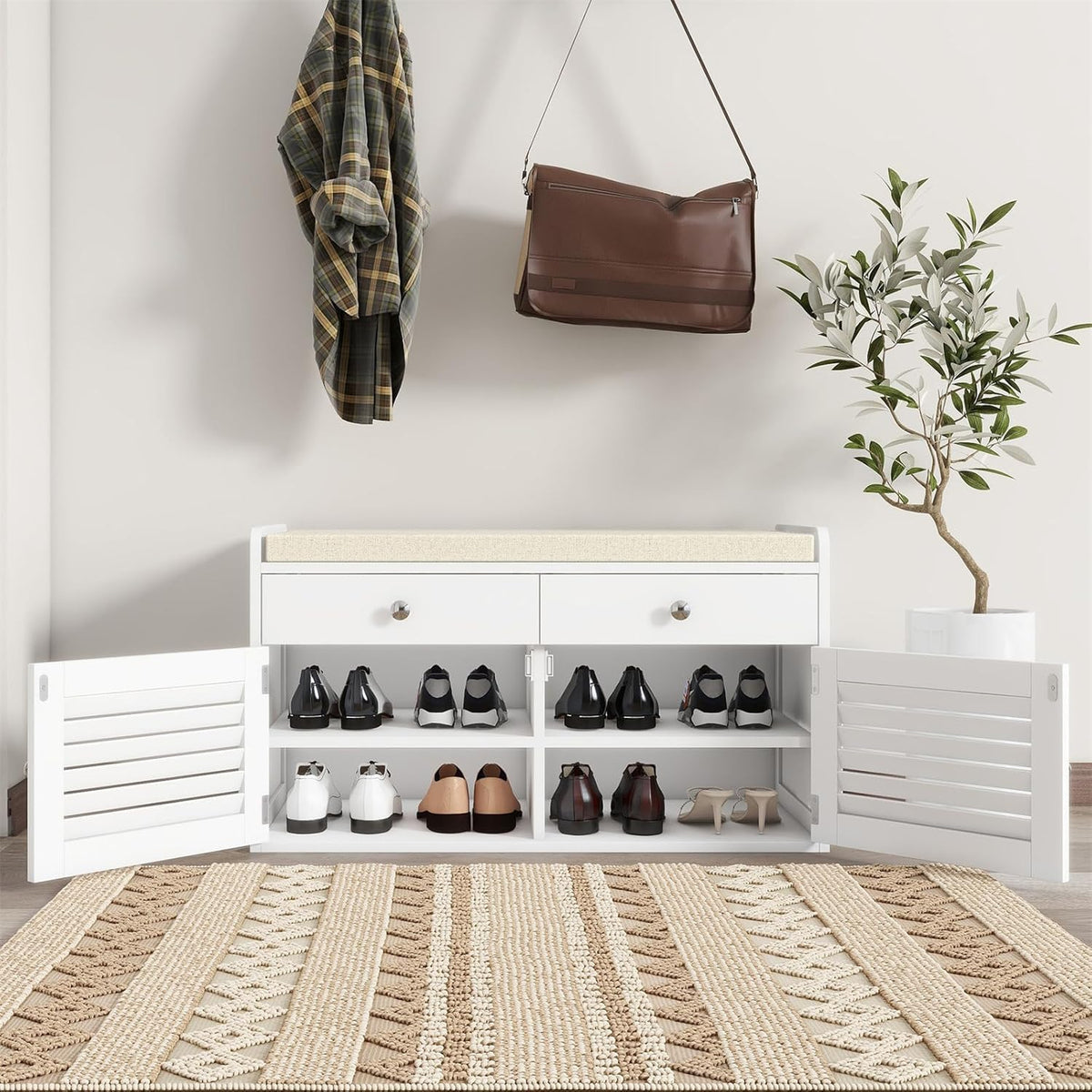 Shoe Storage Bench with 2 Drawers & 2 Doors, Entryway Bench with Cushion, 2 Adjustable Shelves