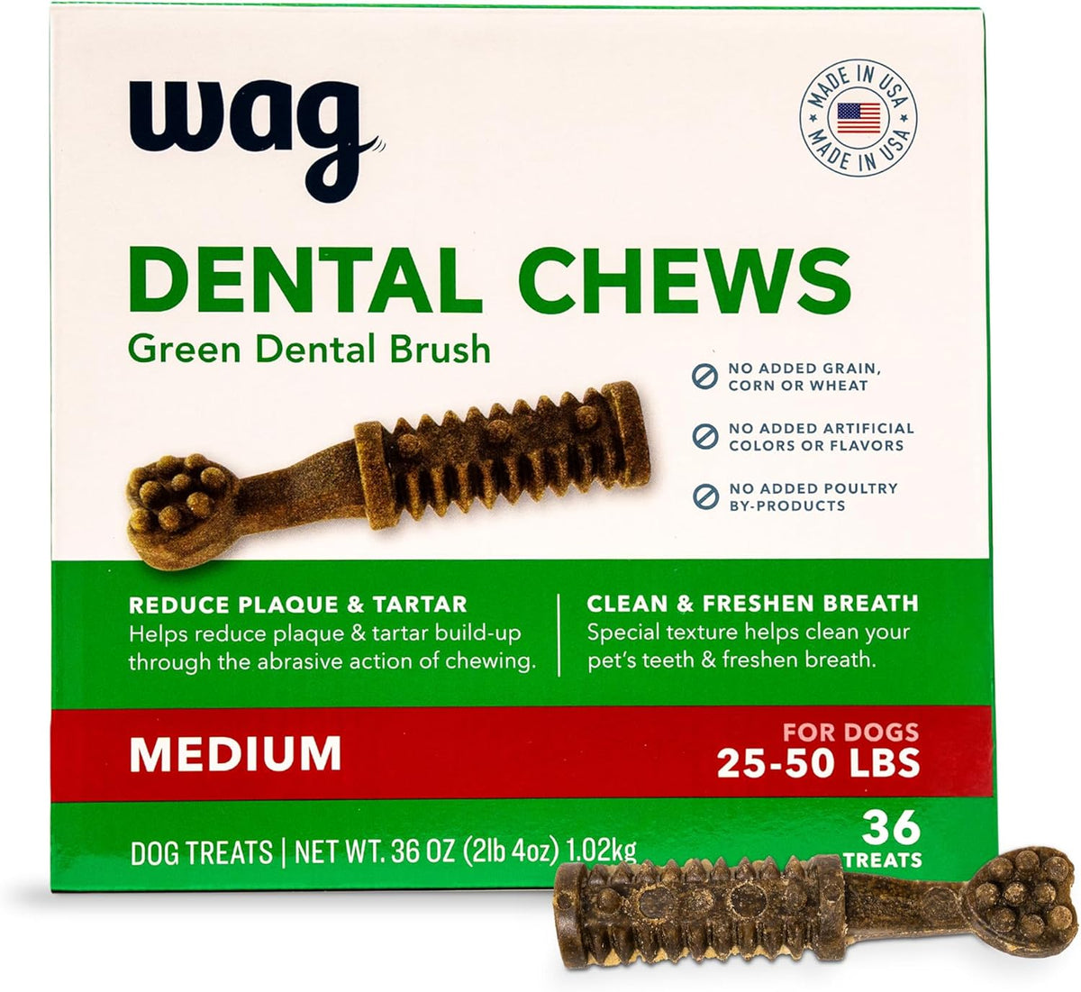 Amazon Brand - Wag Dental Dog Treats to Help Clean Teeth & Freshen Breath - Medium, Unflavored, 36