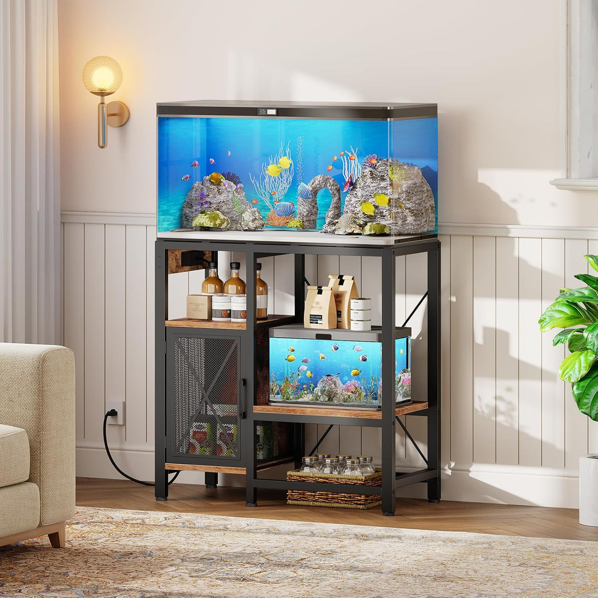 20-37 Gallon Fish Tank Stand, Aquarium Stand with Power Outlet and Storage Cabinet, Heavy Duty Tank