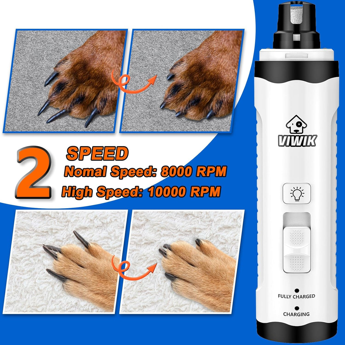 VIWIK Dog Nail Grinder with 2 LED Light, Dog Nail Trimmers, Quiet Dog Nail Clippers Kit for Large