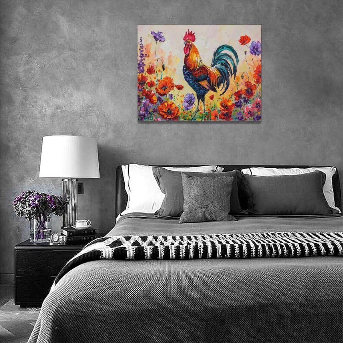 Rooster Wall Art Flower Poppy Canvas Living Room Pictures Framed Prints Colorful Floral Large Wall