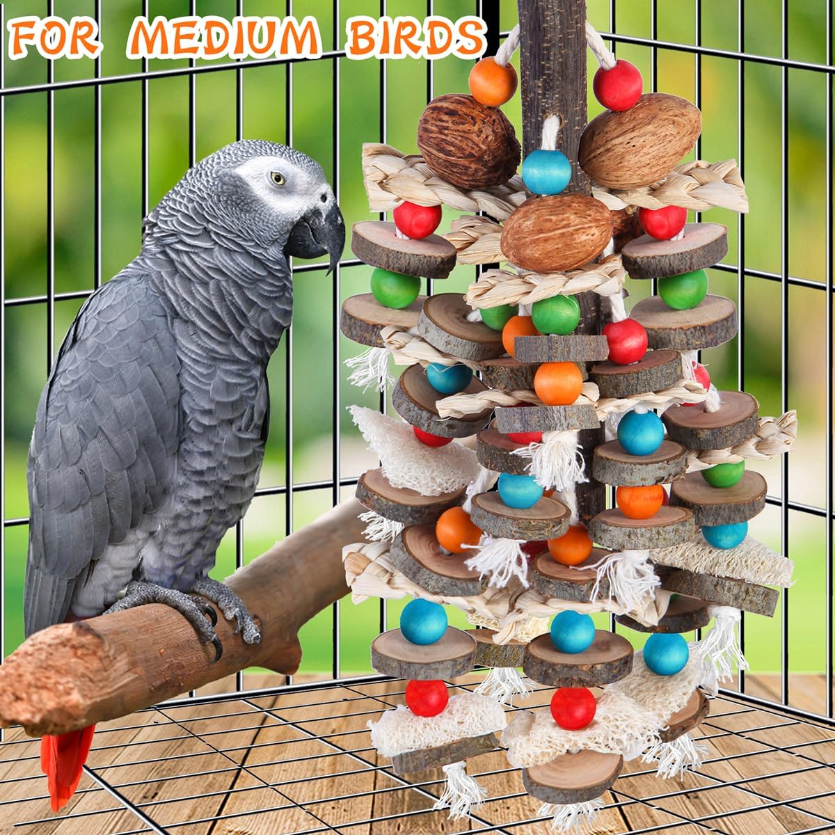 BBjinronjy Large Parrot Toys Bird Chewing Toys-Natural Nuts Corn Loofah Wooden Bird Cage Toy for