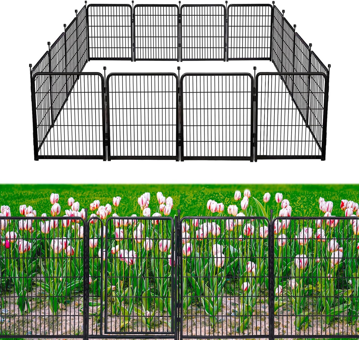 Doorless Dog Digging Fence Barrier,56in(H) 10 Panels Total 22.1 Ft(L), Black Metal Fencing for Yard