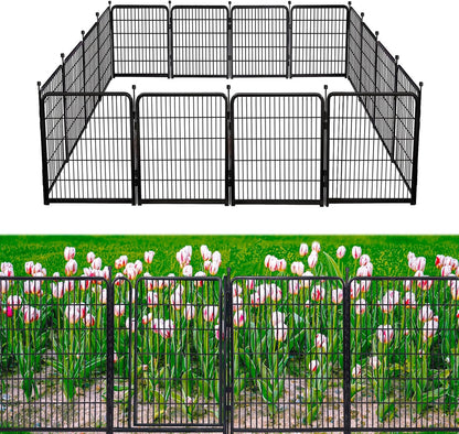 Garden Fencing 48in High No Door, 12 Panels Total 26.6Ft(L) Dog Fence Outdoor for Yard. Black Metal